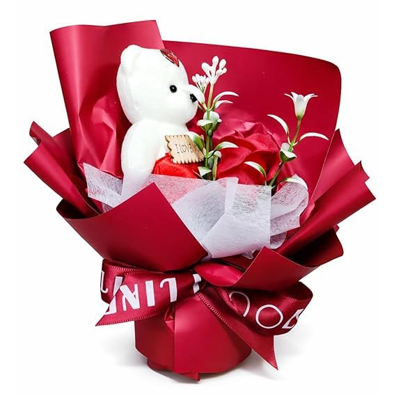 Red Teddy Bear Rose Bouquet Gift with Artificial Flowers, Wrapped Flower Bouquet with Soft Teddy, Valentine Day Gift Box for Her, Romantic Gift for Girlfriend, Wife & Anniversary