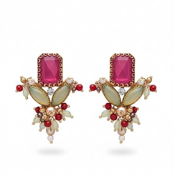 Embroidered Earrings for Women | Stones & Beads Studs | Lightweight Ethnic & Festive Jewelry | Adjustable traditional Earrings