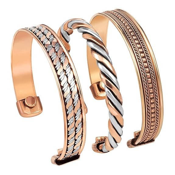 Peora Three Metal Copper Brass Peace Healing Chakra Yoga Adjustable Cuff Bracelet Gift for Women and Men