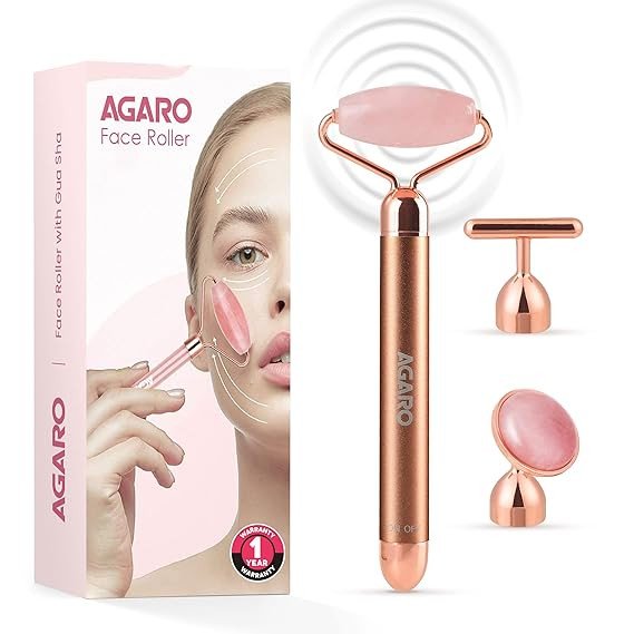 AGARO 3-In-1 Electric Rose Quartz Face Roller, Facial Roller Kit for Face, Eye, Neck, Anti-Aging Facial Massager for Anti-Wrinkles, Skin Firming and Lifting, (Rose Gold)