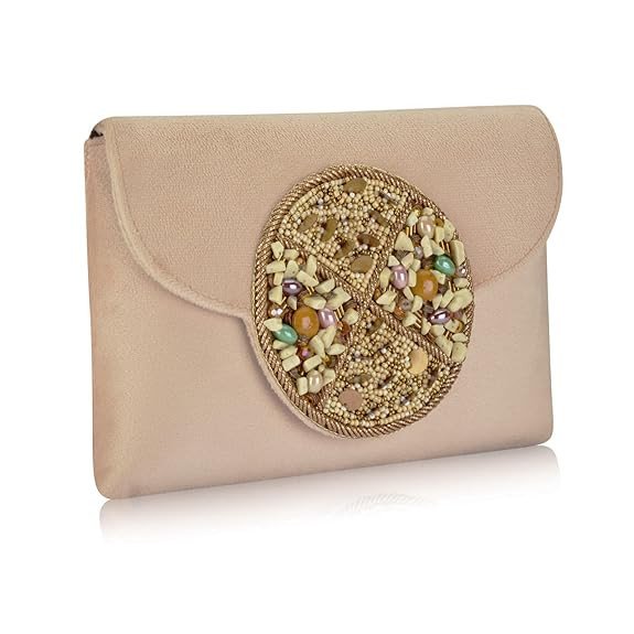Women's Suede Zardozi Designer Wedding Sling Clutch Bag Purse with Circular Embellishment of Multi Stones and Embroidery