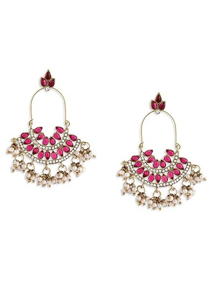 Pink Kundan Austrian Diamonds & Beads Dangle Ethnic Earrings For Women