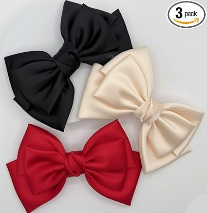 3 Pack Off White, Red & Black Hair Bows - Bow Clips for Women and Girls - Luxury Silky Satin Barette Hair Clip - Cute Hair Accessories, Hair Clips for Girls