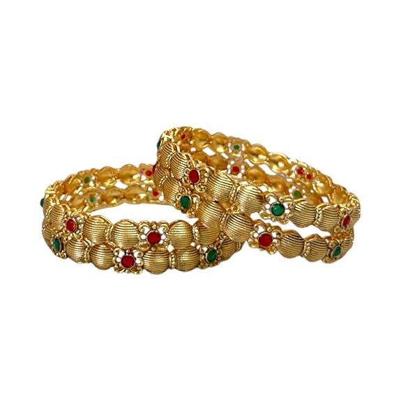 ACCESSHER Gold Plated Pink & Green Artificial Stone-Studded Bangles for women and girls (Set of 4)