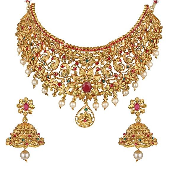 Shining Diva Fashion Latest Stylish Fancy Pearl Choker Traditional Jewellery Set for Women | Temple Necklace Set | Festive Wedding Party Necklace | 22k Gold Plated | Just Like Original Gold Jewellery