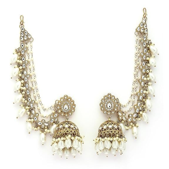 Traditional Gold Plated White Kundan Pearl Beaded Jhumkas With Multi Layered Ear Chain Earrings for Women & Girls