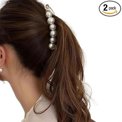 2 Pcs Pearl Hair Clip Banana Clips Ponytail Holder Banana Hair Clips Thick Fine Hair Clip French Barrettes Rhinestones Teeth Inside Slide Jaw Clips for Women and Girls