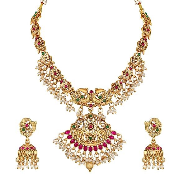 Shining Diva Fashion Latest Stylish Fancy Pearl Choker Traditional Jewellery Set for Women | Temple Necklace Set | Festive Wedding Party Necklace | 22k Gold Plated | Just Like Original Gold Jewellery