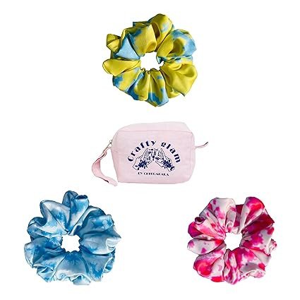 Printed Satin Scrunchies for Women Pack of 3 with Pouch Combo, Hair Rubber Bands Stylish, Premium Hair Accessories Set, Smooth Hair Ties, Colourful Scrunchy for Gifting
