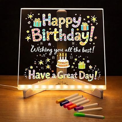LED Acrylic Writing Board with Light & 7 Pens | 15x15 cm DIY 3D Rewritable Message Pad | Personalized Night Lamp & Display Board for Home, Office Desk, Kids & Gifts