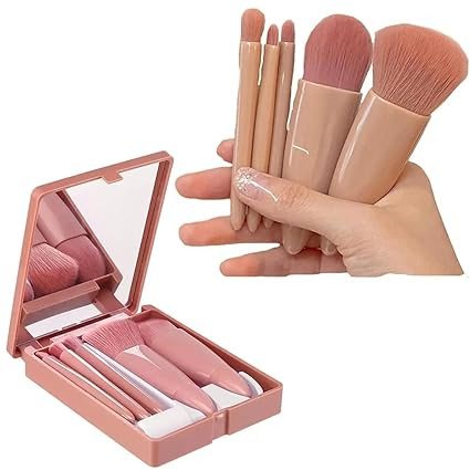 5-in-1 Mini Makeup Brush Set with Mirror | Compact Travel-Friendly Pocket Makeup Brushes Kit for Foundation, Eyeshadow, Blush & Powder | Portable Cosmetic Brush Set for Women & Girls