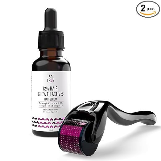 Sotrue Derma Roller 0.5mm with Hair Growth Serum 30ml | 540 Stainless Steel Needles | Derma Roller for Hair Growth & Thickening, pack of 2