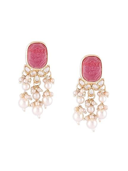 Wine Color Stone Kundan Pearls Layer Yellow Gold Drop Earring For Women