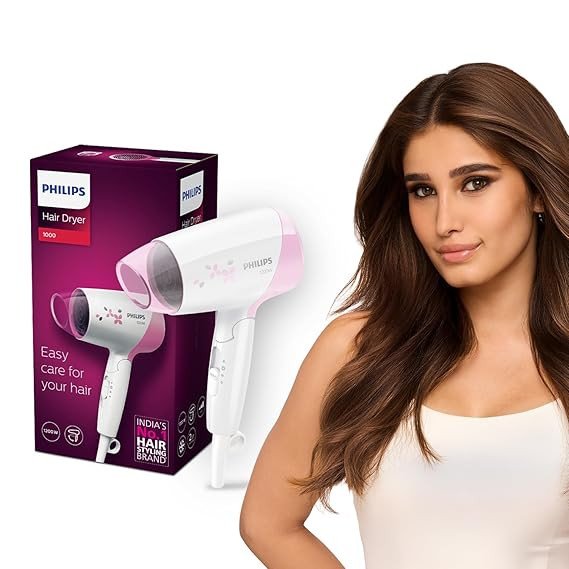Philips India's No.1 Hair Styling Brand - Foldable Hair Dryer | 1200W | Fast Blow Dry | 2 Heat Settings | ThermoProtect Tech |Travel-Friendly, Quick Dry | Frizz Control For Indian Hair