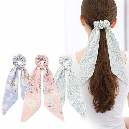 Satin Hair Scrunchies for Women & Girls Printed Ponytail Scarf Ribbon Tails Hair Accessories Bandanas Elastic Ties Bow Scrunchies for Girls in Birthday Wedding Party (Set of 3)