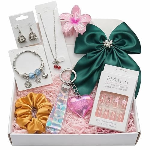 8-Piece Women’s Fashion Jewelry & Hair Accessories Gift Set | Pendant Chain, Pandora-Style Bracelet, Oxidised Jhumki Earrings | Satin Hair Bow, Scrunchie & Big Flower Claw Clip | Random Colors & Desig