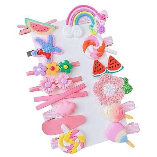 Figment Hair Clip Cute Fruit Cartoon Animal Shape Hair Pins Set for Baby Girls, Little Girl Hair Stuff Kids Accessory, Flower Candy, Fruits Rainbow, Butterflies for Hairstyles (Pink, 14 Pcs)