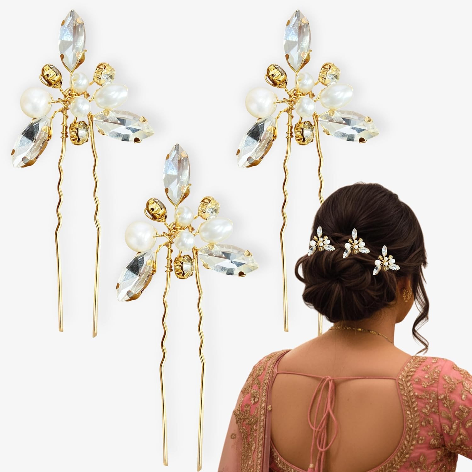 (3pcs) Diamond Pearl U Pins Hair Accessories for Women & Girls | Stylish Hair Bun Accessories for Wedding, Party & Festive Hairstyles | Metal Hair Pins with Stylish Design
