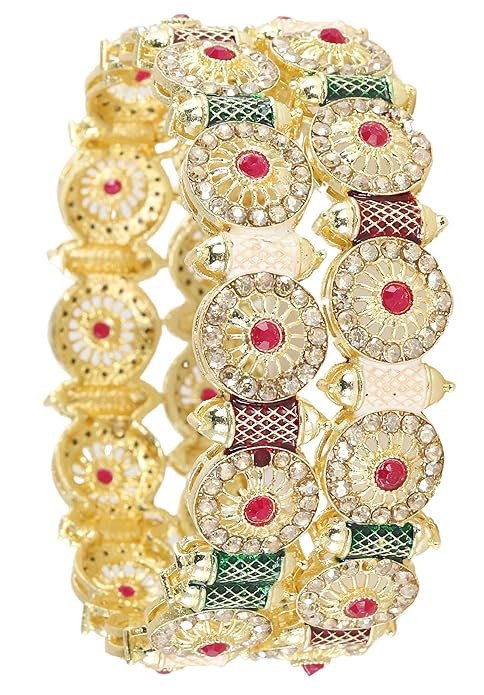 NMII Royal Golden Metal Bangles Set For Women & Girls with Zircon Diamond Stone | Traditional Gold Plated Kangan Set | Fancy Women's Fashion Jewellery Bangles | Wedding, Party, Festive- Set of 2
