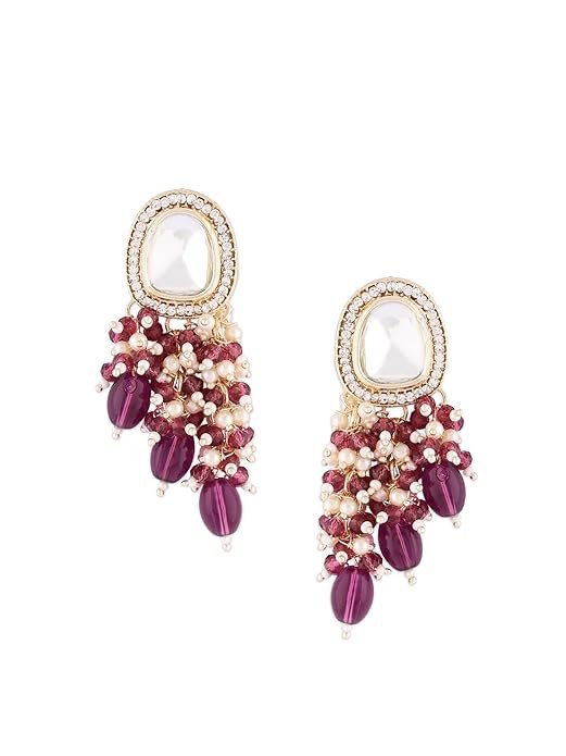 Purple Cluster Beads Embellished Kundan Traditional Drop Earring For Women