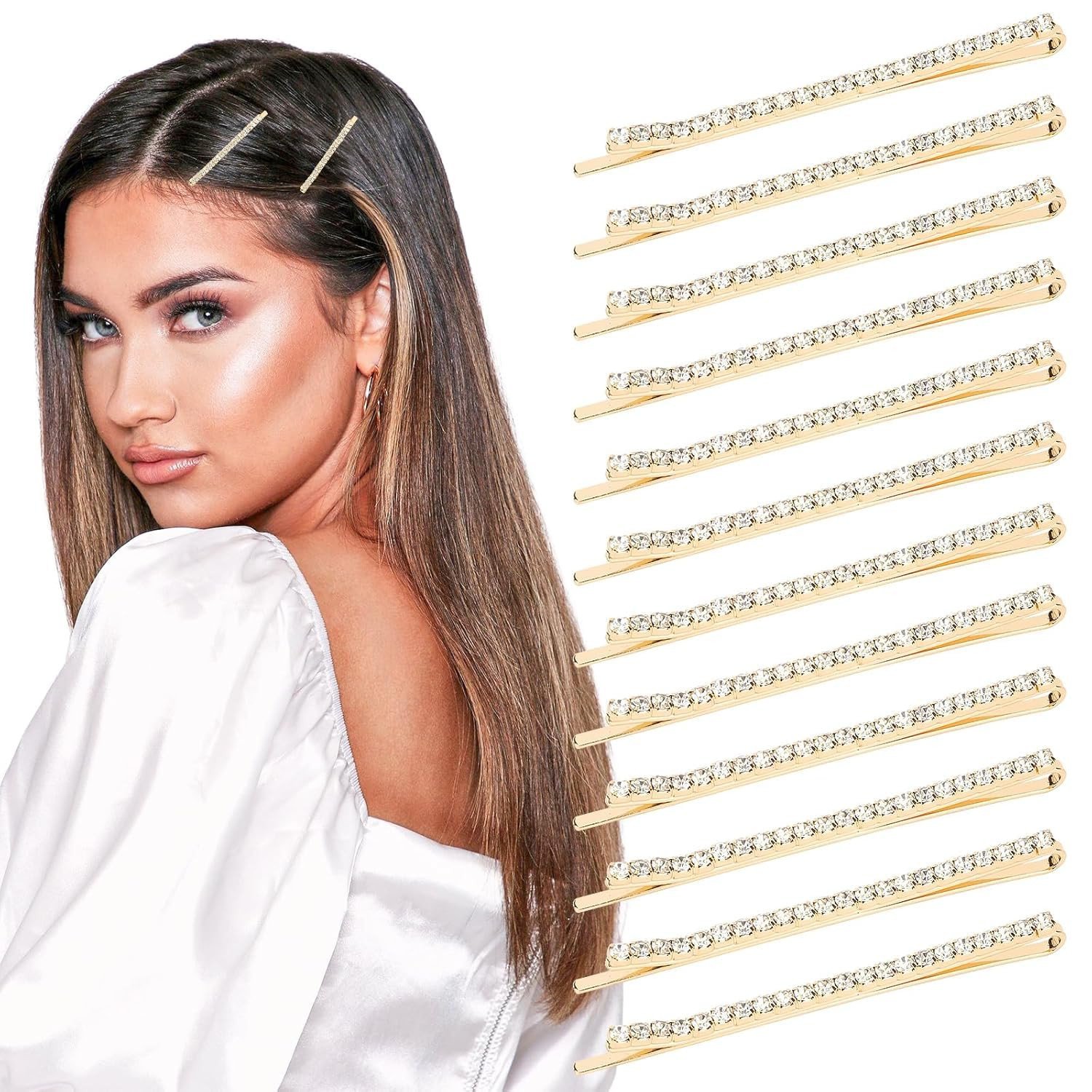 Hair Pins, Set of 12, Gold-Toned Crystal Bobby Pins for Women, 7 cm Length, Decorative Hair Styling Accessories (Gold)