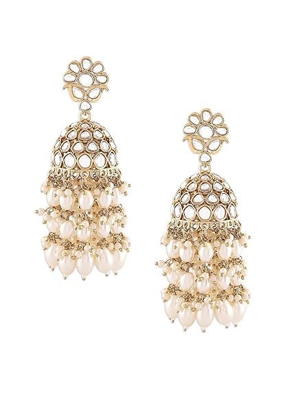 Gold Tone Kundan & Cluster Pearl Drop Traditional Jhumka Earring For Women