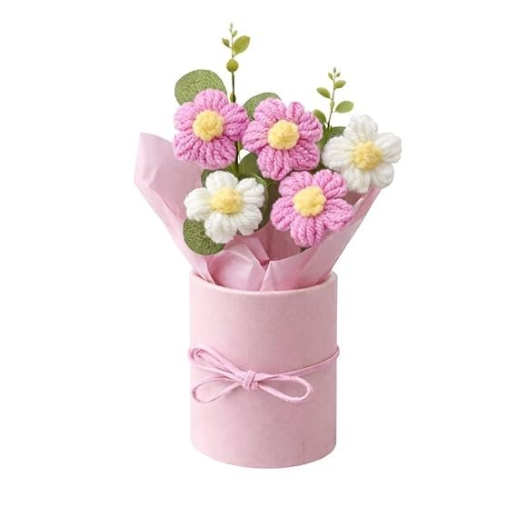 Handmade Pink Crochet Bouquet- Pack of 1 - Hand Woven Knitted Artificial Hand Knitted Bouquet Flower for Office Desk, Table, Car, Bedroom, Wedding & Special Occasions