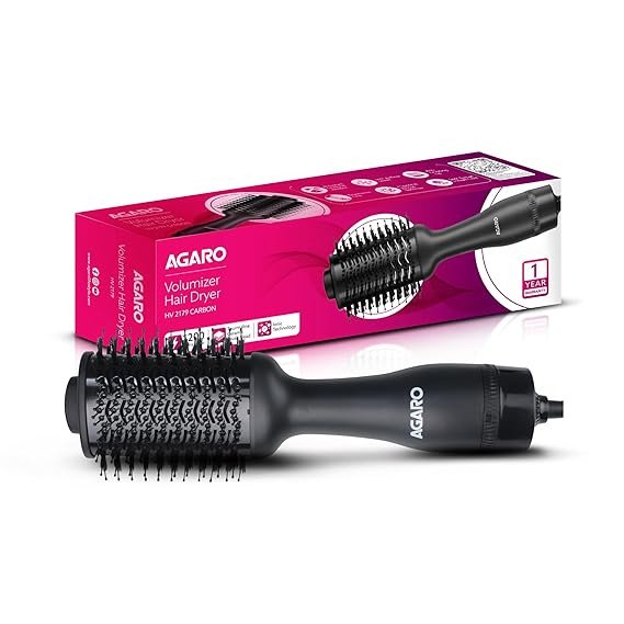 AGARO HV2179 Hot Air Brush for Hair, Blow Dryer Brush, Volumizer & Styler, 360° Airflow Vent, Oval Barrel for Hair Volume, Charcoal Bristles, Ceramic Tourmaline Coating Brushing Head, 1200W, Black