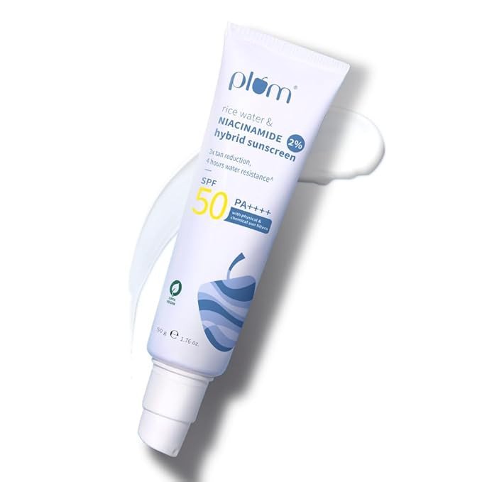 Plum 2% Niacinamide & Rice Water SPF 50 PA++++ Hybrid Sunscreen| In-Vivo Tested | Radiant Glow, Makeup friendly | Lightweight, Non sticky, No White Cast | UVA/UVB protection | for Oily & Dry skin |50g