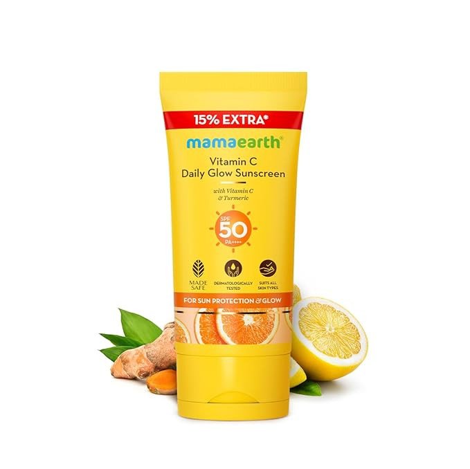 Mamaearth Vitamin C Daily Glow Sunscreen with Vitamin C & Turmeric | For Sun Protection, Tan Protection & Glow | SPF 50 & PA++++ Protection | No White Cast | Lightweight & Non-Sticky | Brightens Skin 