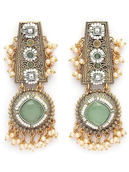 Gold Plated Lime Green Stone Floral Design Kundan Drop Earrings for Women
