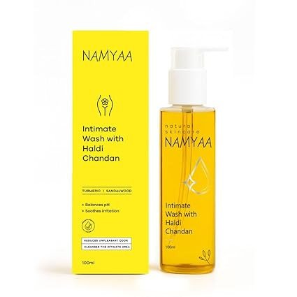 Namyaa Intimate Wash with Haldi Chandan, Prevents Dryness, Itchiness and Irritation | pH Balanced | Prevents Bad smell, 100ml