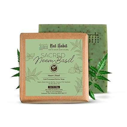 Nat Habit Neem Basil Butter Soap|Cold Processed Ayurvedic Soap with Neem Actives|Antibacterial, Herbal Soaps for Bath|Anti-Inflammatory Handmade Neem Soap Bar|Essential Oils for Body Acne| 125g