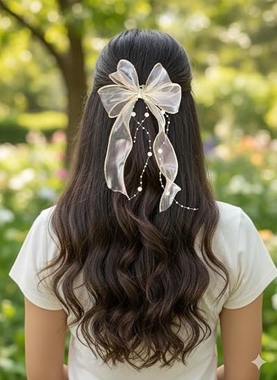Elegant Golden Sheer Hair Bow Clip with Pearls – Handmade Decorative Hair Accessory for Women & Girls | Wedding, Party, Festive & Casual Wear