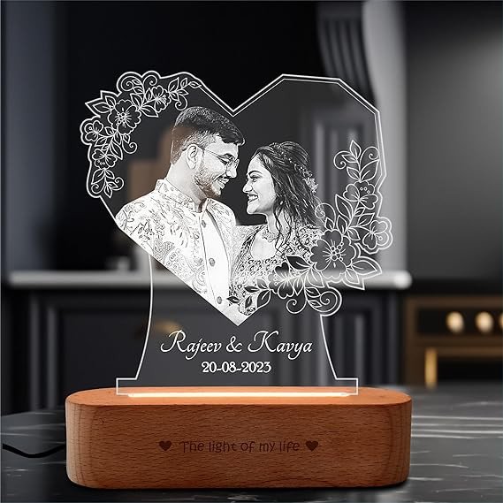 ZOCI VOCI Radiant Love Personalized Photo Lamp – Romantic Gift for Wife, Husband, Girlfriend | Customized LED Memory Lamp for Couple | Anniversary Birthday Gift (Warm Light, B&W - Engraving)