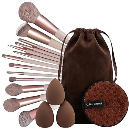 17Pc Makeup Kit Set – Premium 13-Piece Makeup Brush Set with 3 Makeup sponges & 1 Color-Removal Sponge – Soft Synthetic Bristles, Rose Gold & Cream Design with Velvet Travel Pouch