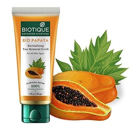 Biotique Papaya Tan Removal Brightening & Revitalizing Face Scrub | Gentle Exfoliation | Smooth and Clear Complexation | 100% Botanical Extracts| Suitable for All Skin Types | 50g