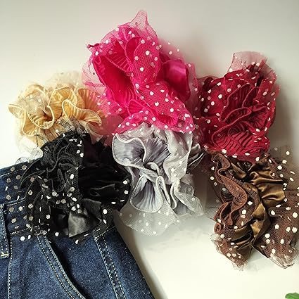 Scrunchy Polka Net (Pack of 2 random colors) Scrunchy Hair Ties for Women & Girls - Soft Elastic Ponytail Holder, Stylish Hair Scrunchies for Thick & Thin Hair, Fashion Hair Accessories