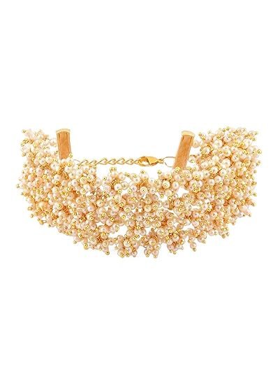 Antique Gold Tone Multistrand Clustered Pearls Ethnic Bracelet For Women