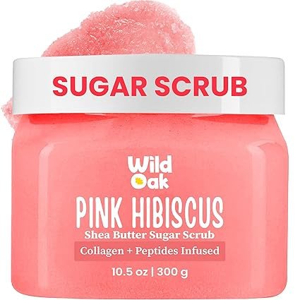 WildOak Pink Hibiscus Sugar Body Scrub | 300g | Kojic Acid, Hyaluronic Acid, Ceramides, Collagen & Peptides | De-Tan & Brightens Dark Areas | Smooths Strawberry Legs & Arms | Hydrates & Exfoliates