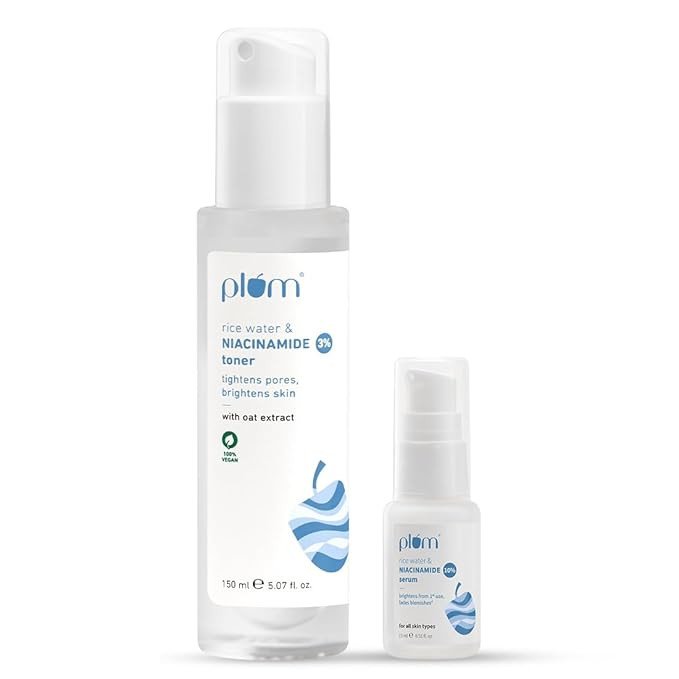 Plum 3% Niacinamide Face Toner (150ml) + 10% Niacinamide Serum (15ml) with Rice Water | Pore Tightening, Brightening & Acne Control | Alcohol-Free Skincare for Women & Men