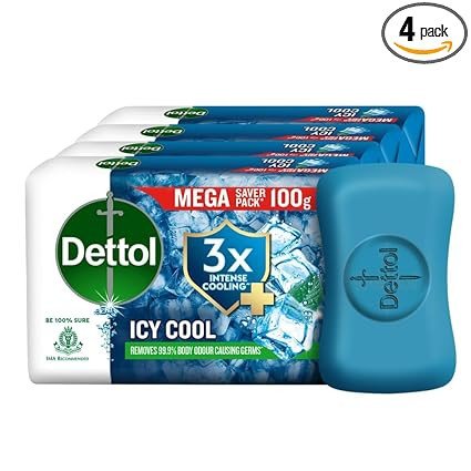 Dettol Icy Cool Bathing Soap Bar With 3x intense cooling (400gm), 100gm - Pack of 4