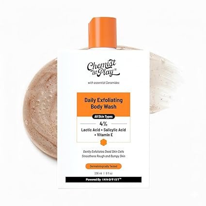 Chemist At Play Exfoliating Body Wash 236ml | Removes Tan, Fights Body Acne, Strawberry Skin | 4% (Salicylic Acid, Vitamin E & Lactic Acid) | Gentle Exfoliating Shower Gel For Women & Men