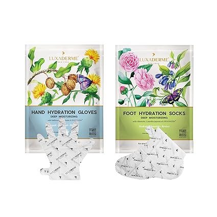 LuxaDerme Deep Moisturizing (Hand Hydration Gloves + Foot Hydration Socks) to rejuvenating, dull, dry & tired hands & feet. Softens nails & cuticles. Contains Arginine, Safflower & Shea Butter For Sof