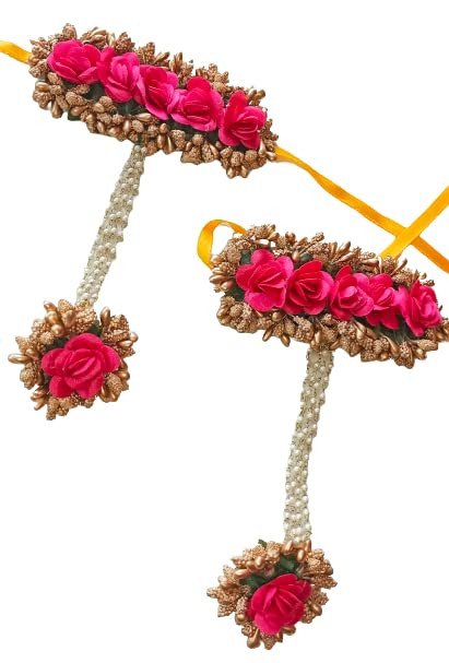 Flower Bracelets with Attached finger Rings(adjustable). 2 Items Hand Jewelry Set For