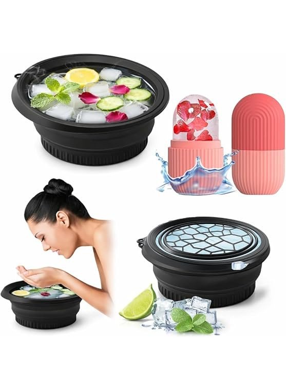 Collapsible Ice Facial Bowl & Face Roller for Face Ice Bath Therapy, Foldable Silicone Ice Spa Bowl with Lid for Skin Tightening, Reduce Puffiness & Redness, Facial Cold Therapy Bowl for Skincare