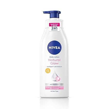 NIVEA Body Lotion Natural Glow,Cell Repair With Uva/Uvb Filters And Spf 15|50X Vitamin C For Even Skin Tone|Light Moisturising, Non-Greasy Formula With Cooling Sensation|Glowing Skin For Unisex|400 Ml