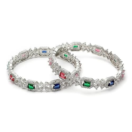 ZENEME Rhodium-Plated Silver Toned American Diamond Square Shaped studded Bangle Jewellery Set for Girls and Women (Set Of 2)