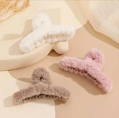 KAMURCHHA Soft Faux Fleece Fur Large Hair Clutcher Random Color For Women Pack of 3 Hair Claw (Multicolor)