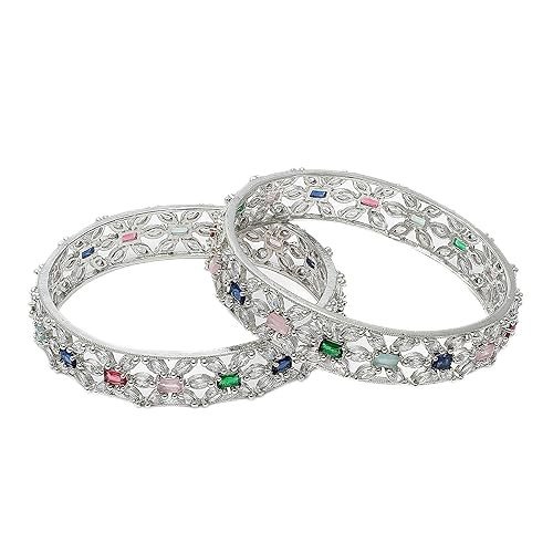 ZENEME Rhodium-Plated Silver Toned American Diamond Square Shaped studded Bangle Jewellery Set for Girls and Women (Set Of 2)